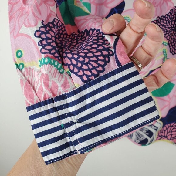 Talbots Medium Petite Pink Blue Tropical floral Popover Blouse Collared long Sle - Picture 5 of 9